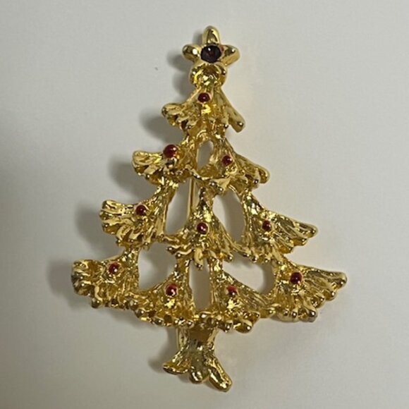 VTG Gold Tone Christmas Tree Red Painted Ornaments Holiday Festive Brooch Pin 2" - Picture 8 of 14